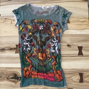Y2K Guess Tattoo-Inspired Sheer Top w/ Wings on Back